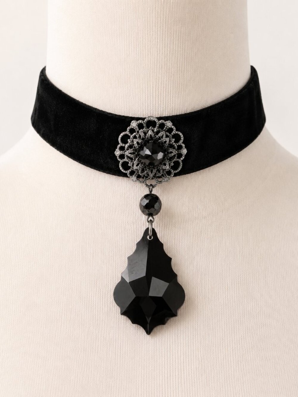 Vogline Paris Black Velvet Swarovski Crystal Teardrop Choker Made in France
